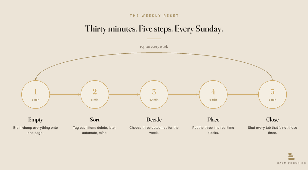 The Weekly Reset — a five-step Sunday cycle: Empty, Sort, Decide, Place, Close